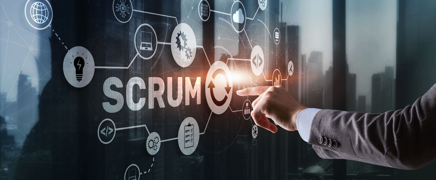 SCRUM. Hand presses the inscription scrum on a virtual panel. Agile development methodology webp
